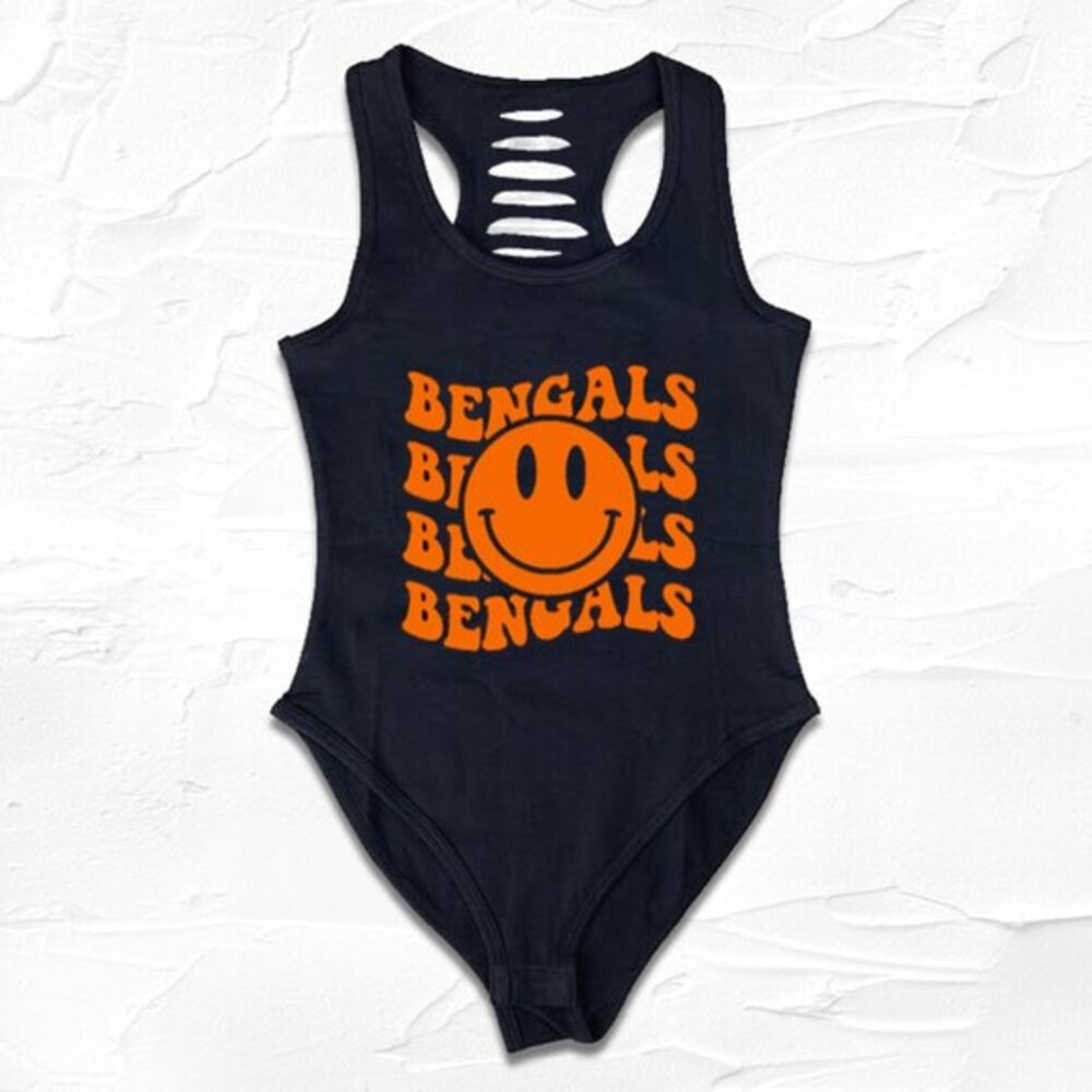 Womens Black Orange Bengal Football team bodysuit, GO Cincinnati, WHO DEY